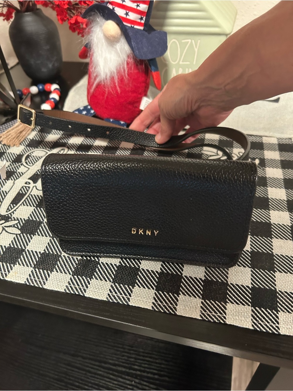 DKNY Black Pebble Faux Leather Belt Bag with Gold Logo